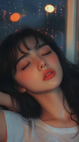 Rainlit close-up portrait renders dewy skin in soft bokeh glow