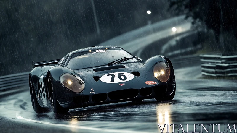 Vintage race car slicing through rainy twilight track.
