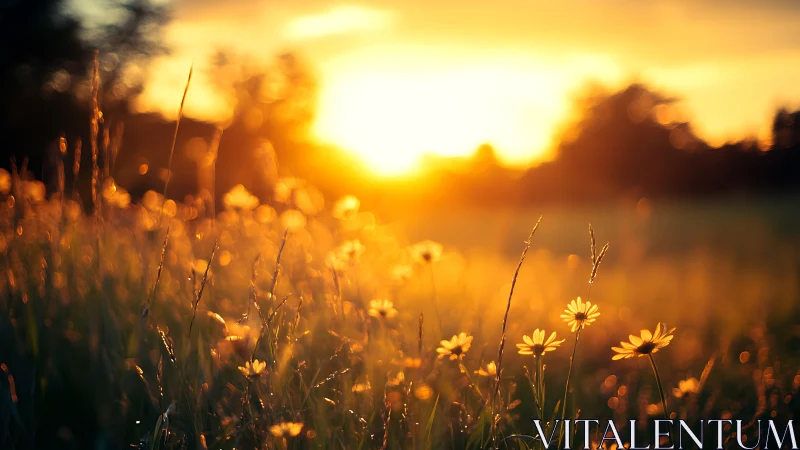 Backlit wildflower meadow under shallow-depth golden-hour sun.