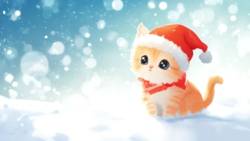 Snowy day kitten in a Santa hat spreading quiet cheer.
