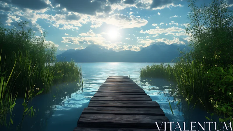 Sunlit lakeboard path into hush-blue mountain stillness.