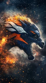 Digital painting of flaming stylized horse crest in eruption form.