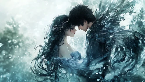 Snowbound lovers dissolve into swirling midnight feathers.