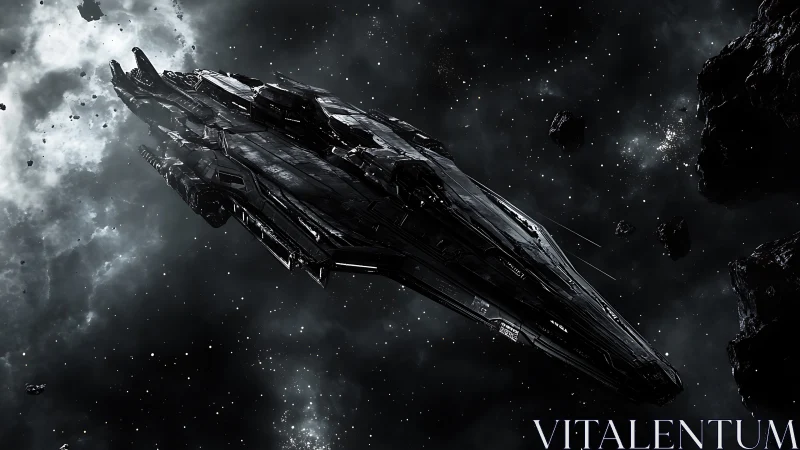 Stealth carrier starship glides through fractured asteroid field.