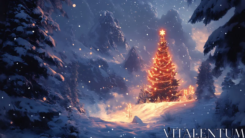 Glowing Christmas tree illuminates snow-covered mountain forest