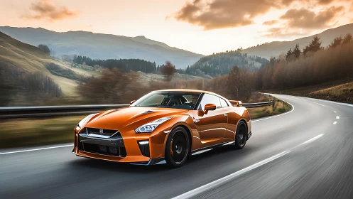 Orange high-performance sports coupe on winding mountain highway