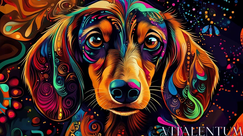 Vibrant dachshund portrait in swirling neon vector abstraction.
