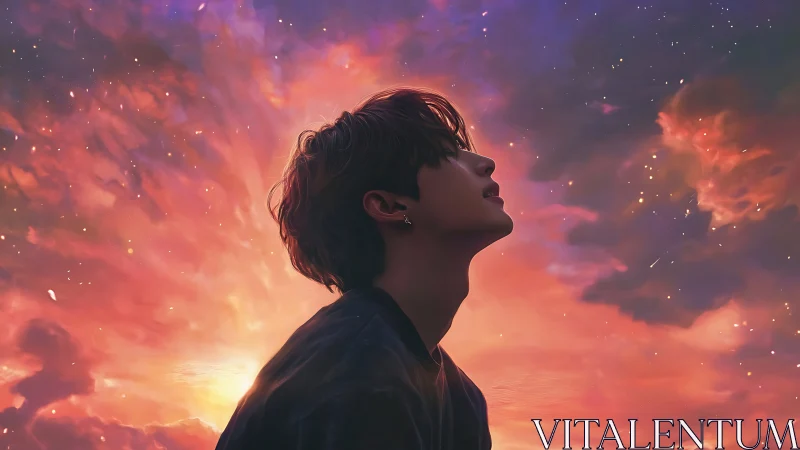 Silhouetted youth profile under radiant nebula sunset sky