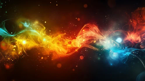 Multicolored luminous wisps traverse a dark digital field