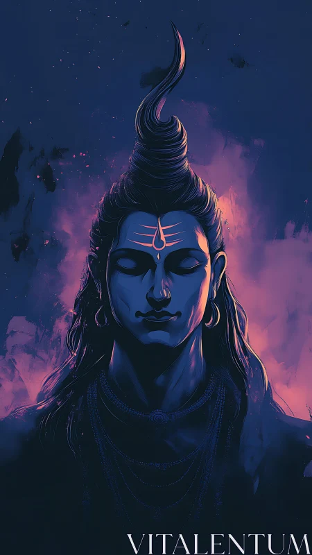 Divine blue-hued deity portrait rendered in neon rim light