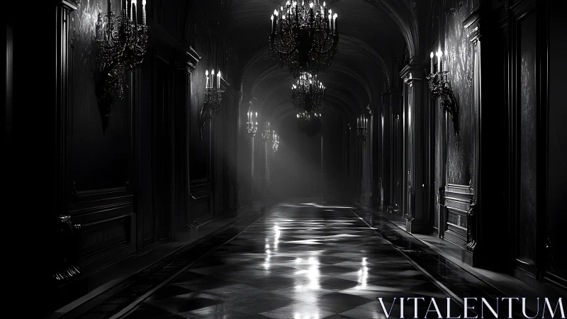 Dimly lit baroque corridor with chandeliers and reflections.