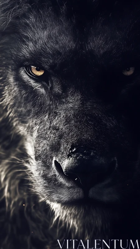 Intense close-up of dark lion face in shadowed light.