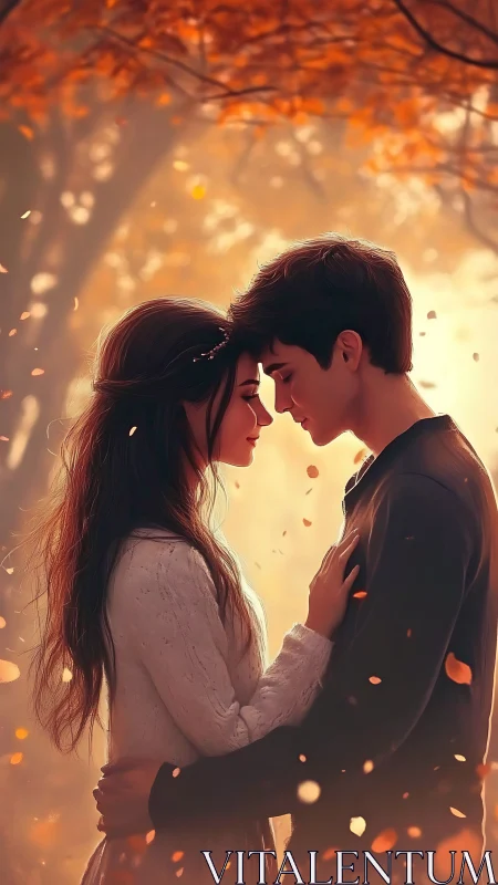 Romantic couple embracing beneath golden autumn foliage