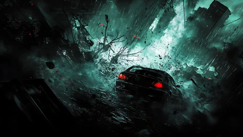 Car flees collapsing cyberpunk city through storm chaos.