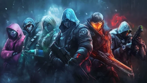 Hooded tactical squad in neon-lit arctic vaporfield standoff.