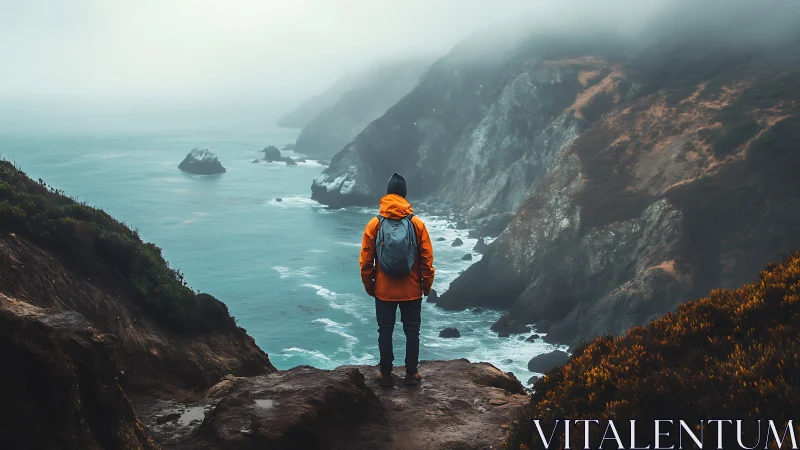 Coastal cliff wanderer in foggy cinematic landscape framing.