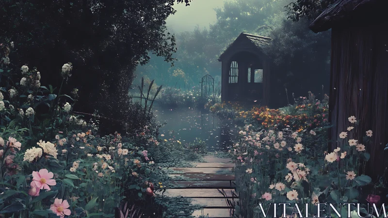 Moonlit garden path leads to a misty lakeside pavilion