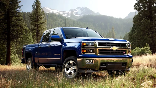 Mountain-blue pickup truck poised like a chrome trail sentinel.
