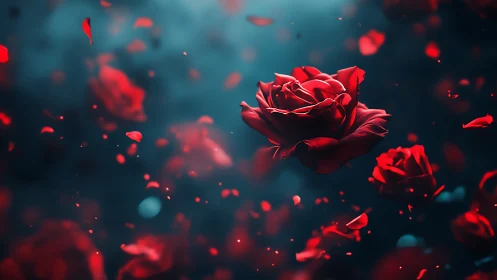 Floating Red Roses Against Teal Background.