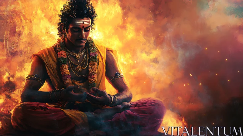Fiery yogi meditates within swirling golden flames.