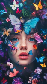 Surreal female portrait surrounded by vivid butterflies.