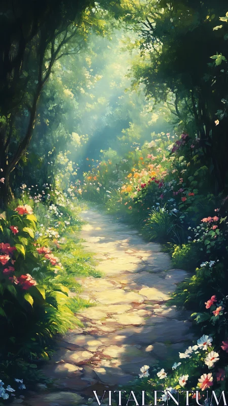 Sunlit stone garden path recedes through dense floral undergrowth