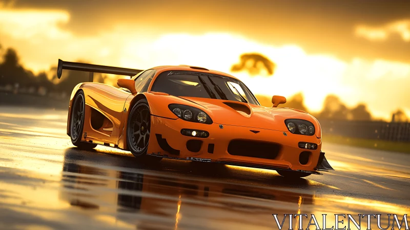 Orange racing car stands on wet track under low sunset light