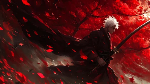 White haired swordsman under red leaves in motion storm.