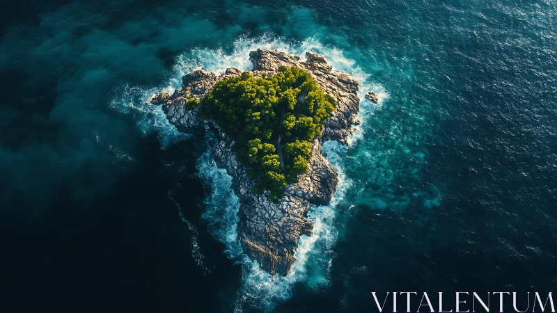 Verdant Rocky Islet Crowned with Vegetation Amid Turquoise Waters.
