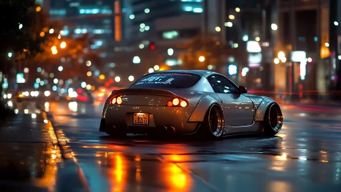 Modified sports coupe on neon-lit rainy downtown streetscape.
