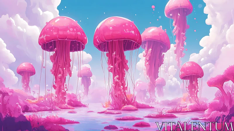 Dreamy pink jellyfish islands drifting through pastel sky.