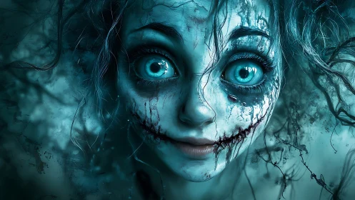 Bleak-eyed ghost girl in icy teal horror portrait art.