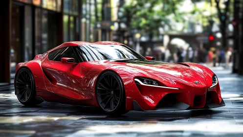 Ruby red supercar gliding through a sunlit city street.