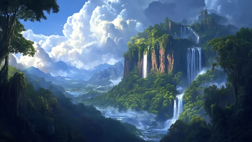 Cascading skyward, emerald cliffs trade whispers with clouds