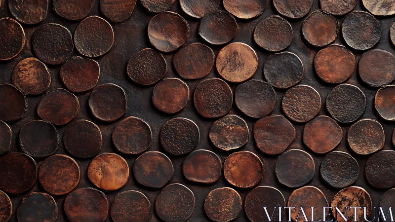 Rustic bronze coin-textured wall tiles in artistic close-up.