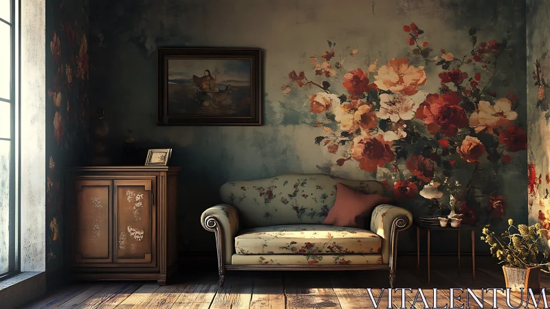 Floral patterned sofa in vintage interior setting with cabinet.
