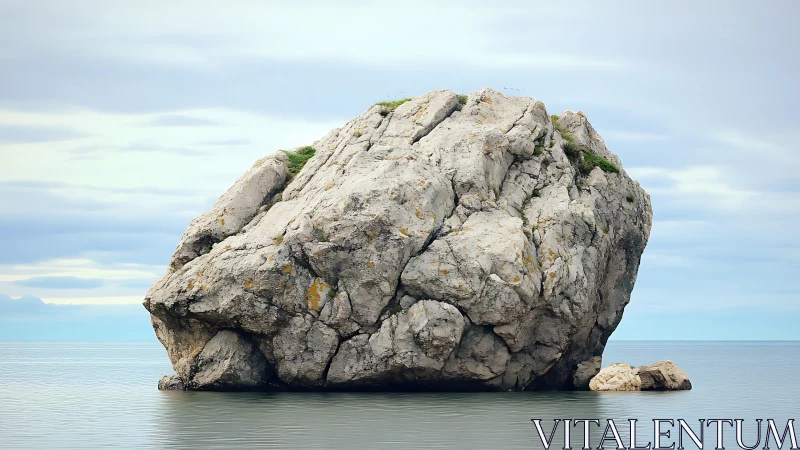 Monolithic coastal boulder with stratified fractures in still water.