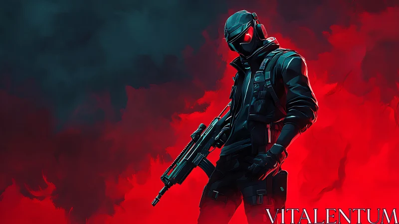 Tactical cyber-operator in red atmospheric smoke field.