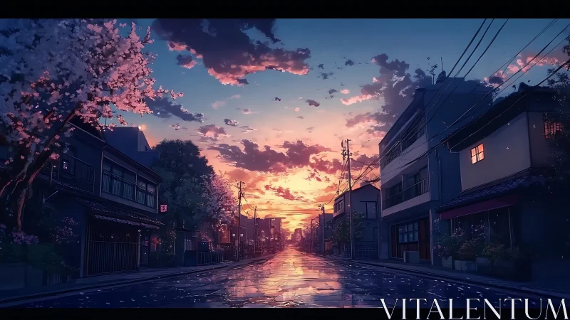 Twilight reflections render a tranquil cherry blossom street