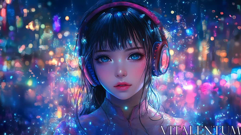 Neon city headphones girl gazes through luminous bokeh haze
