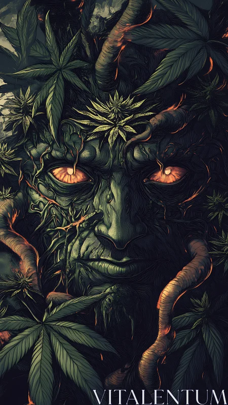 Verdant ember-eyed forest guardian woven in wild leaves.