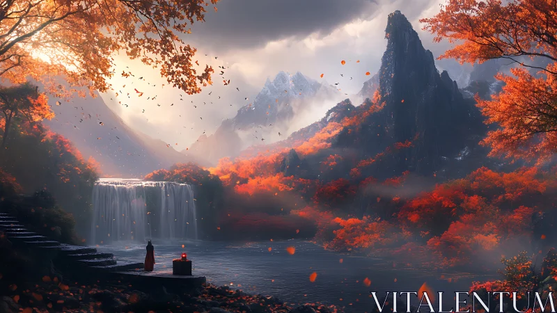 Autumnal cascade valley with cloaked observer and misted ridges.