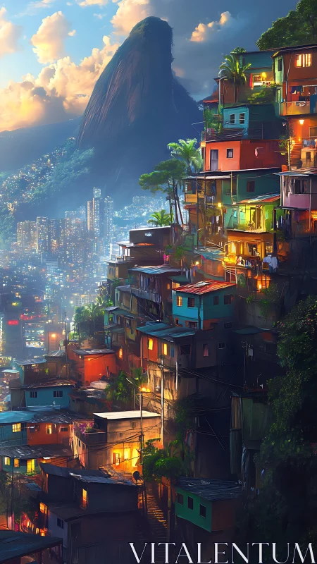 Hillside favela at dusk with glowing windows and neon skyline.