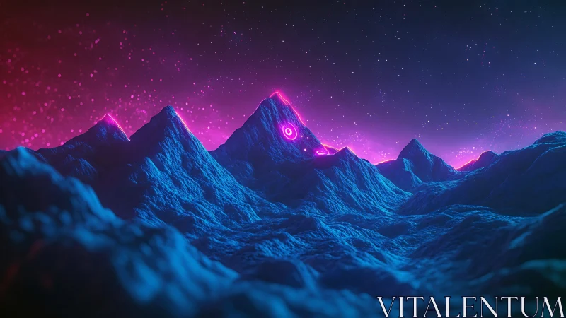 Neon lit alien mountains under vivid starry night sky.