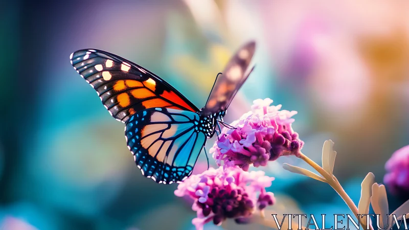 Colorful butterfly on pink flowers with soft bokeh glow.