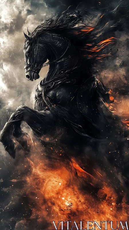 Infernal black warhorse rearing through fire and storm.