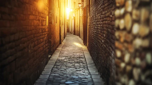 Narrow cobblestone alleyway with brick walls at sunset.