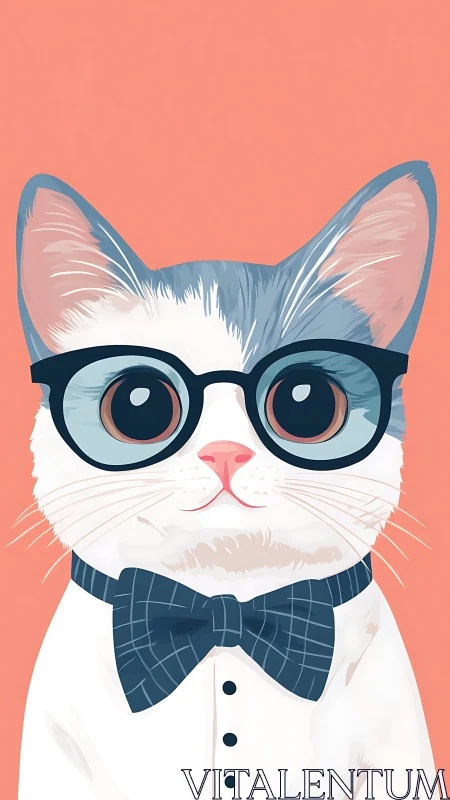 Stylized Cat in Glasses and Bow Tie on Coral Background.