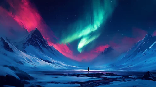 Solitary figure studies aurora over stylized polar valley