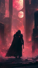 Cloaked wanderer stalks twin moons through neon ruin mist
